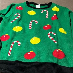 Festive Green Sweater with Candy Cane and Ornament Design